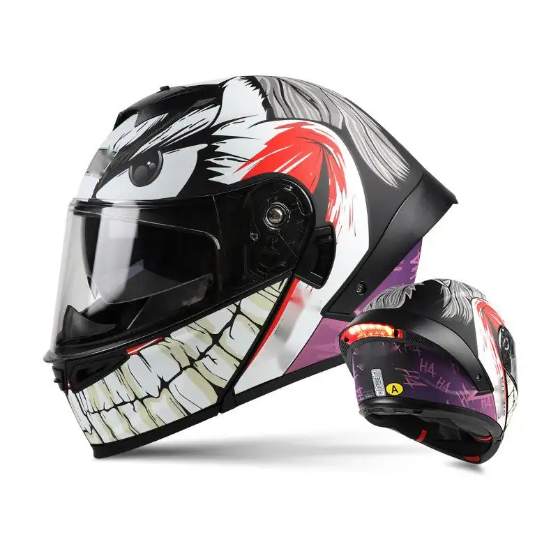 Personalizzazione all'ingrosso casco moto coda quattro stagioni con casco ribaltabile a doppia lente a luce LED