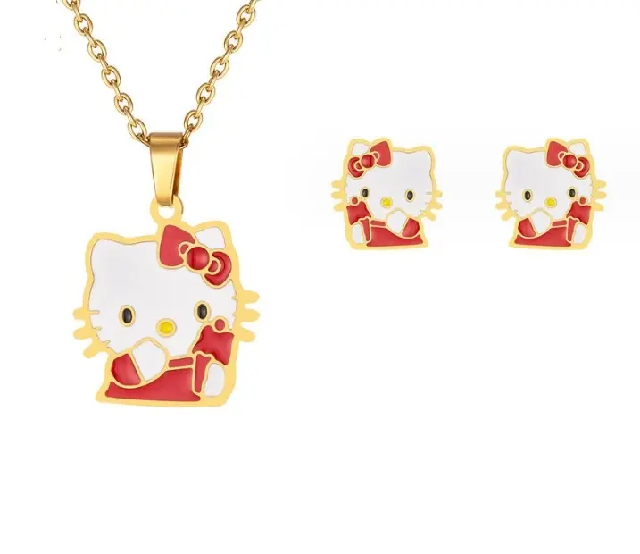Chapado en oro gato colgante collar Stud pendiente conjunto de joyas de acero inoxidable Hello Kitty joyería al por mayor