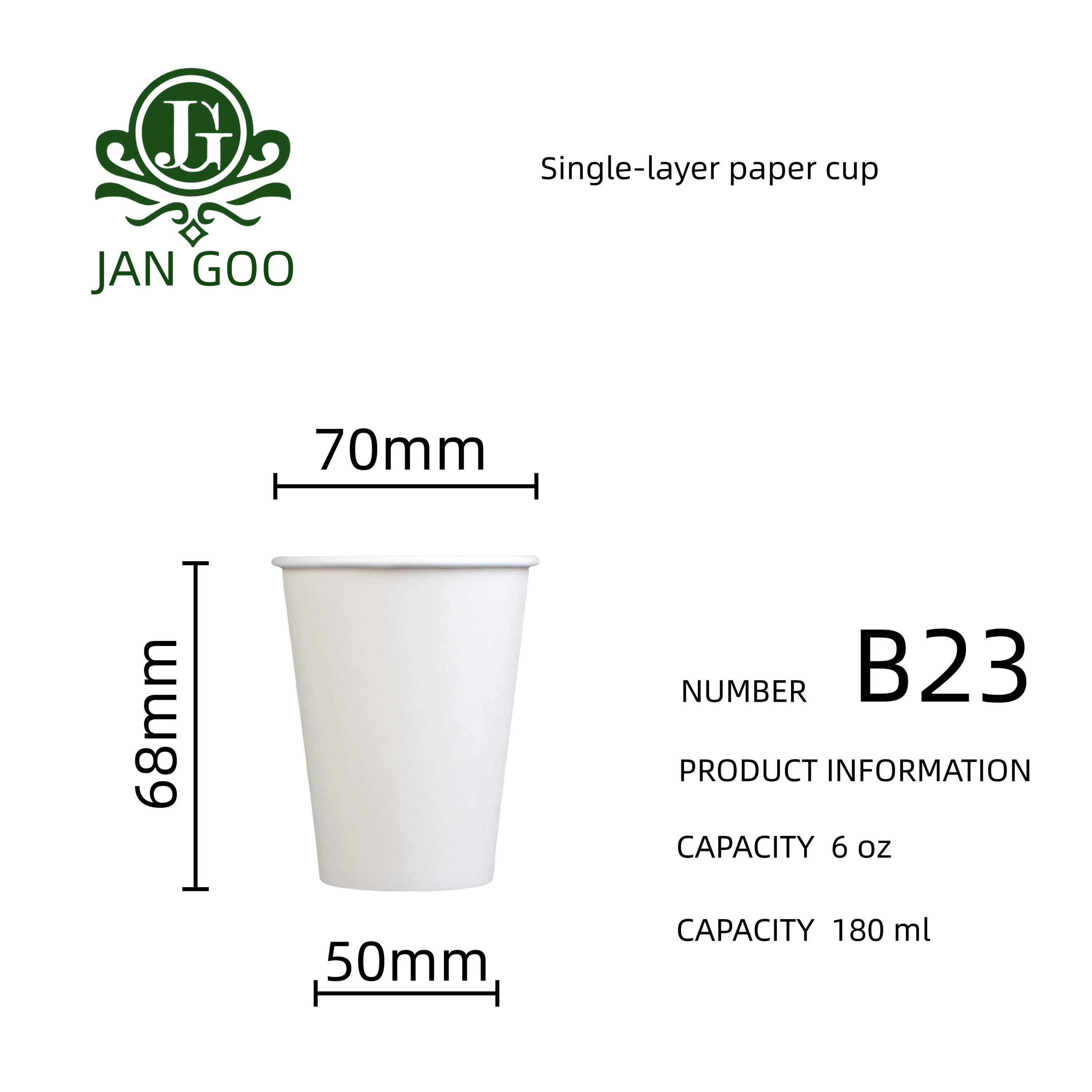 B23: vaso de papel de una sola capa de 6 oz