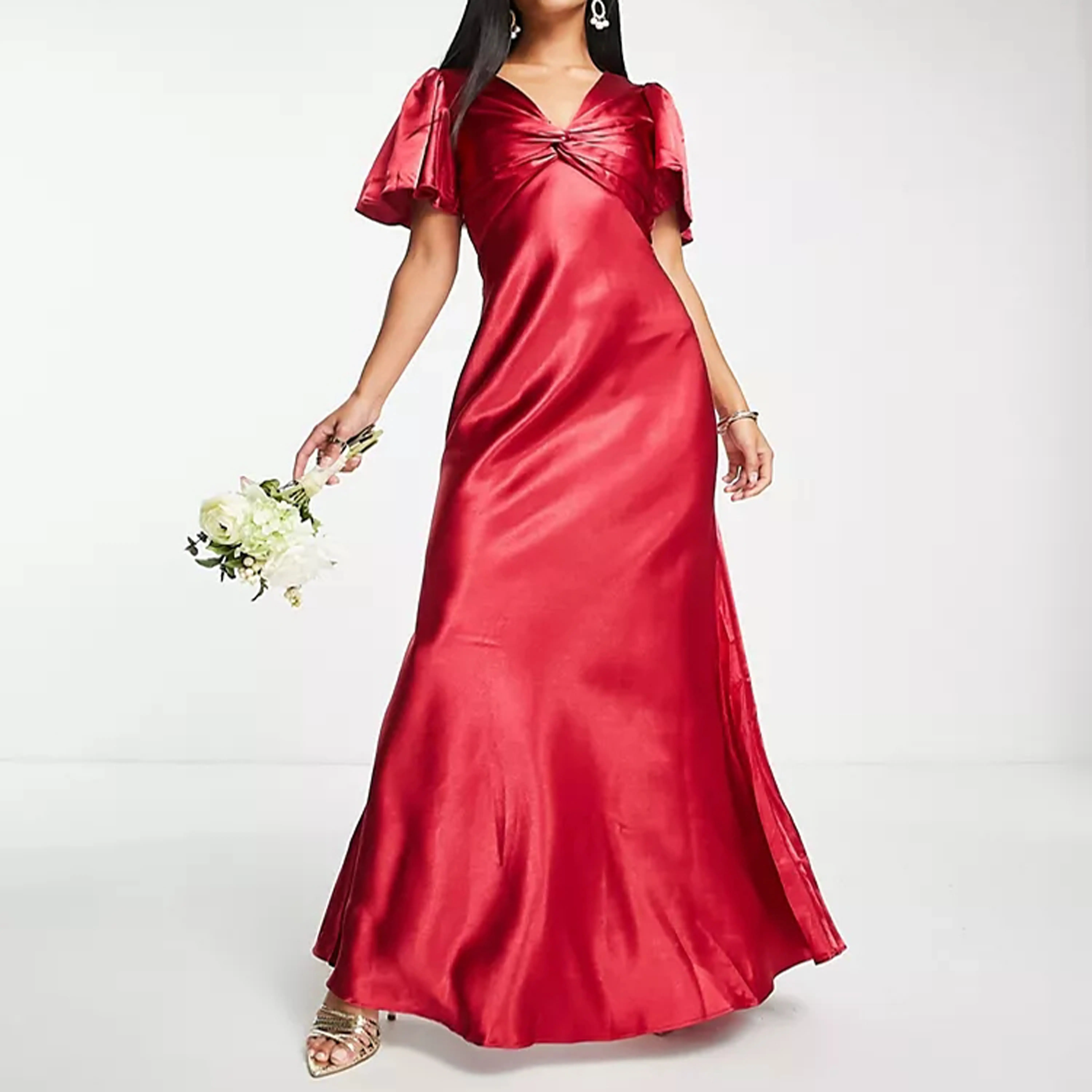 Fashion Lady elegante modesto rosso abiti da sposa manica corta con scollo a v velluto avvolgere tromba sirena donne Maxi abito da damigella d'onore