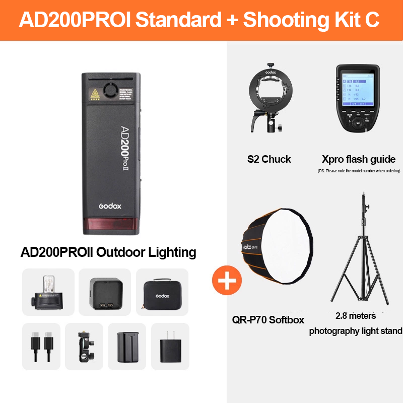 AD200ProII + Xpro + Soporte S2 + QR-P70 + Soporte de luz de 2,8 m