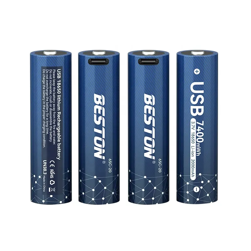 סוללת ליתיום יון BESTON USB 3.7v סוללה נטענת 2000mAh לפנס סוללה גלילית עם סוג-C