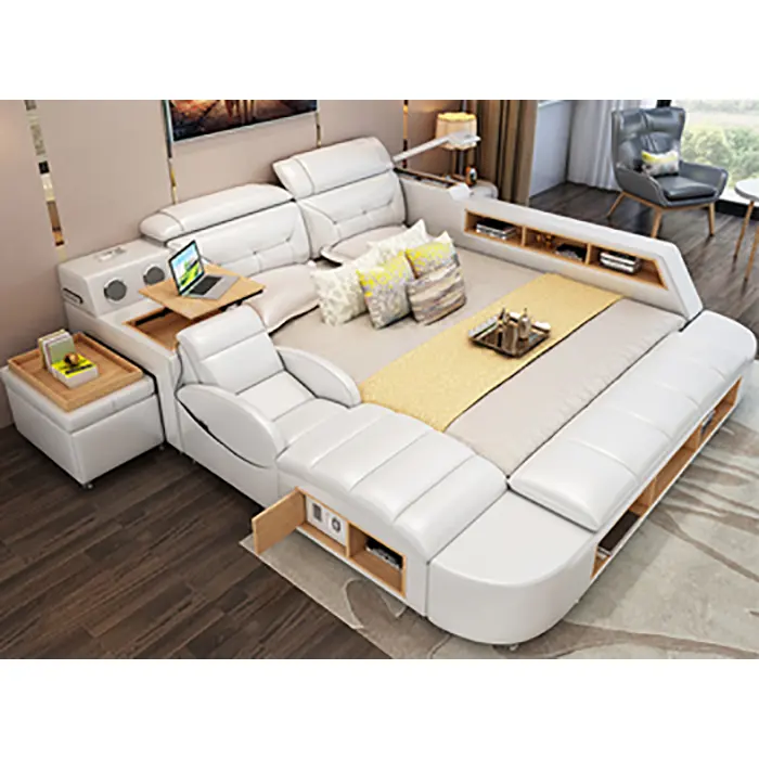 Evergo-muebles de dormitorio modernos, cama de cuero con altavoz, Cargador USB, juegos de sofá y cama de masaje, blanco, 2021