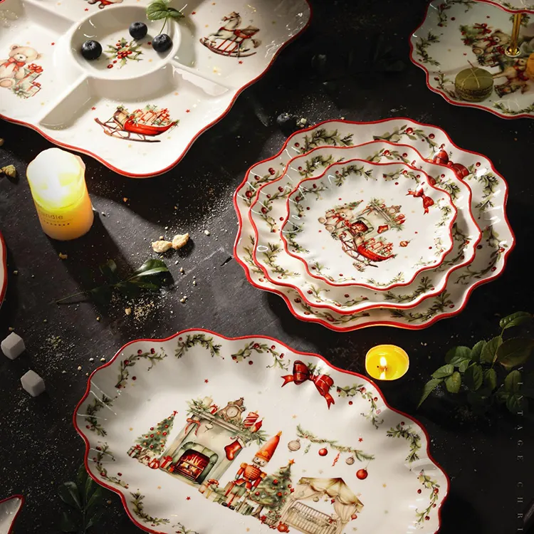 Vaisselle décorative de luxe à bord rouge unique, assiettes et bols en céramique, service de table en porcelaine au design de Noël, vaisselle en céramique