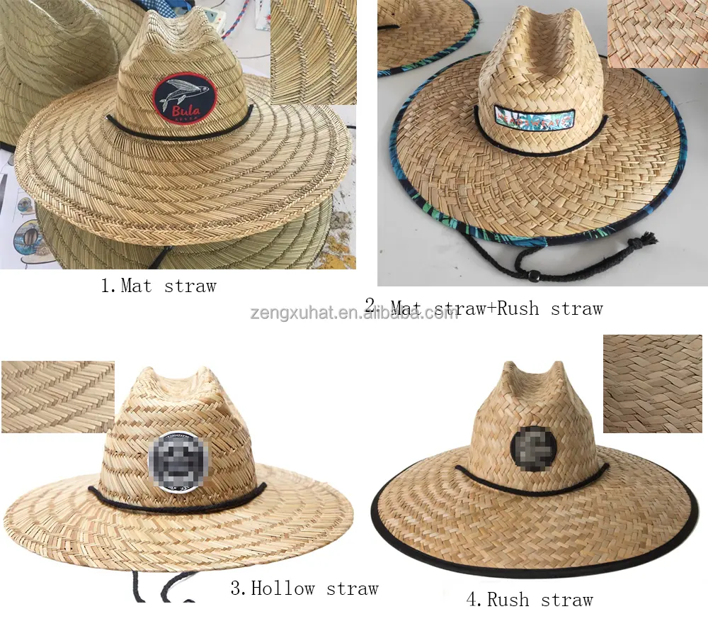 ฤดูร้อนขายส่งผู้ใหญ่เสื่อฟาง + รัสช์ฟางหมวกรักษาชีวิตจีน High End ที่กําหนดเอง Unisex ชายหาดหมวกฟางอาทิตย์