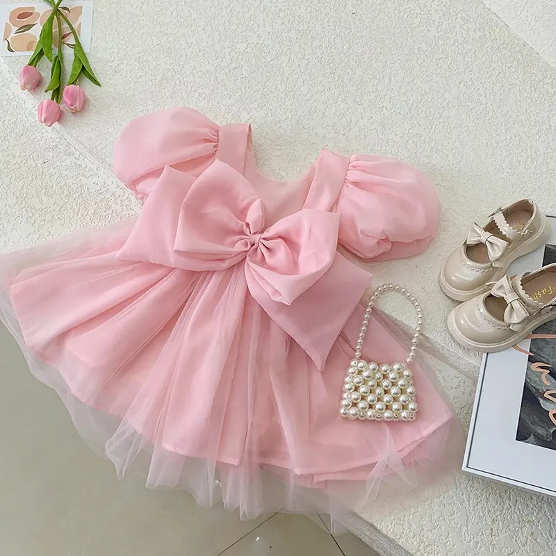 Vestido rosa con volantes y espalda descubierta para niña pequeña, vestido de boda de fiesta con manga de burbuja