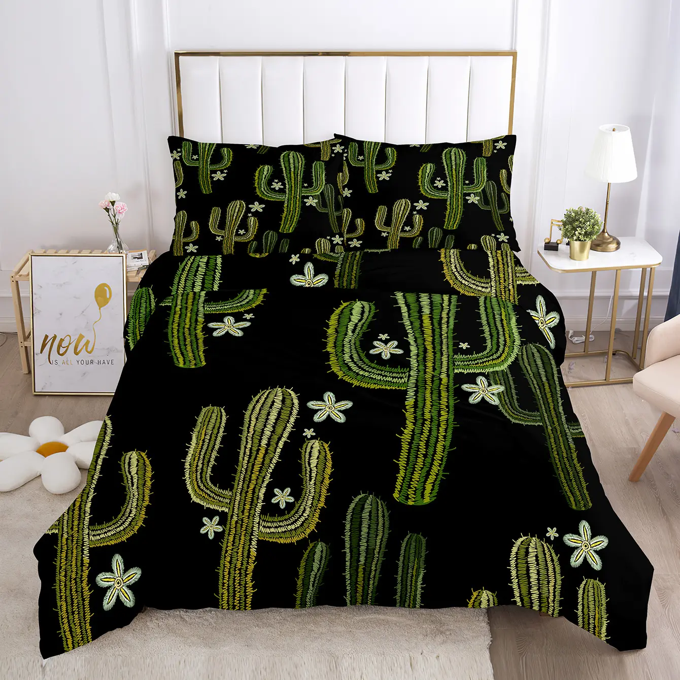 Juego de sábanas con estampado personalizado de cuatro piezas, juego de sábanas con estampado de flores y plantas, funda nórdica tamaño King, juego de cama