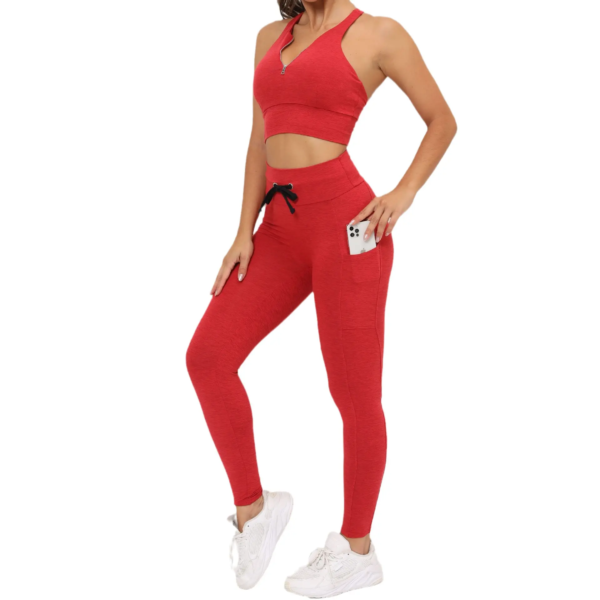 Conjunto de Sujetador deportivo Sexy para mujer más popular, mallas de Yoga con levantamiento de cadera con bolsillos, traje de Fitness, ropa de gimnasio, conjuntos para mujer