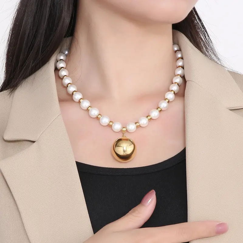 Titanium Steel Hollow Large Round Ball Beaded Pearl Elastic Necklace