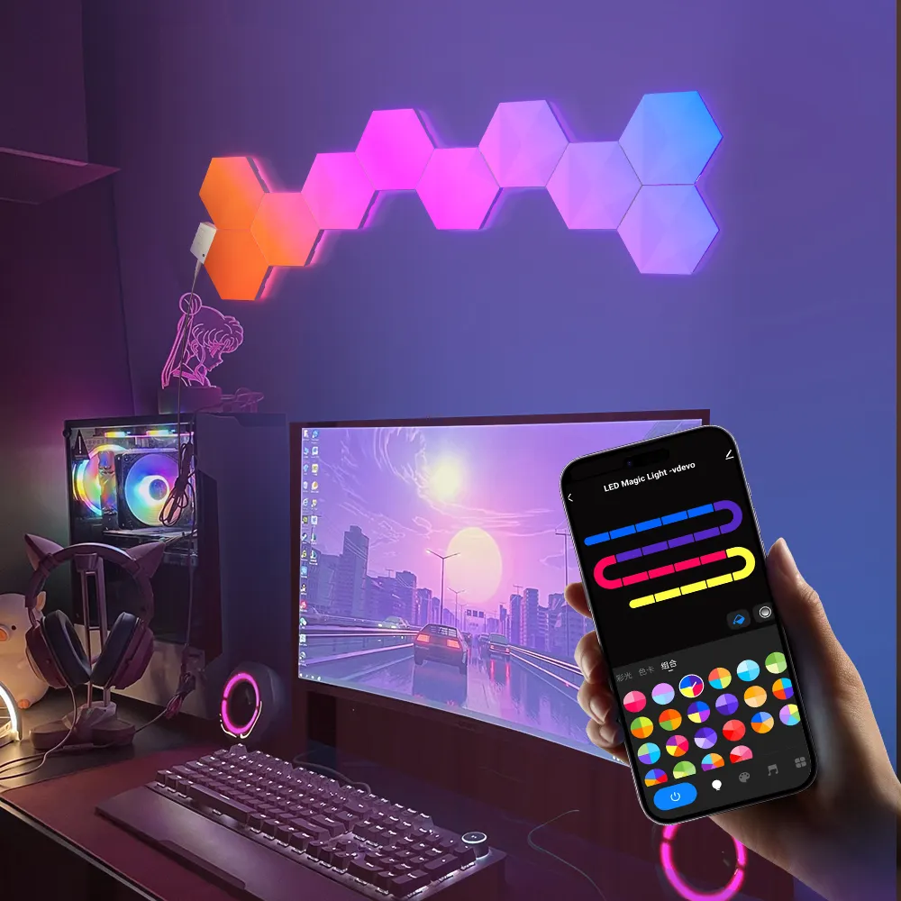 CL chiếu sáng thương mại điện tử Nhà cung cấp thông minh LED tấm Tường Wifi hình lục giác RGB ma thuật đèn màu cho phòng chơi game
