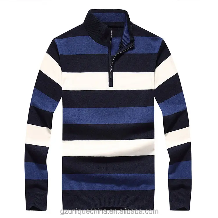 2024 Unique Casual Half Zip Up Cotton Knit Turtle Neck Stripe men's polo shirts kind Pullover Sweater