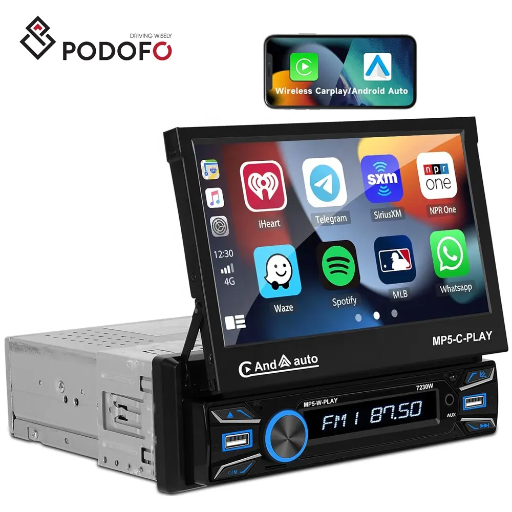 Autoradio Podofo 1 Din con schermo retrattile 7 ''Wireless Carplay & Android Auto BT FM USB AUX-IN Autoradio