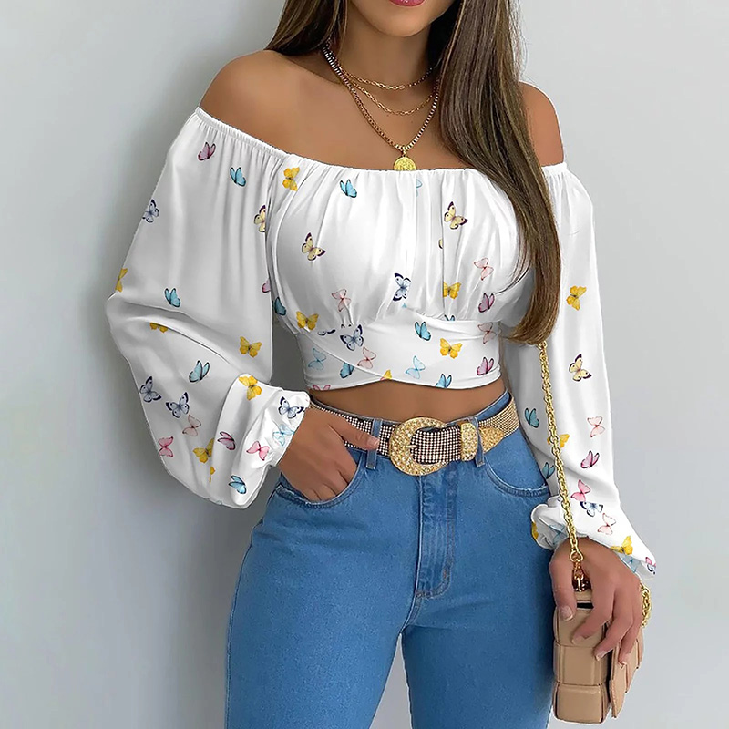 White Butterfly Off The Shoulder Crop Top 2