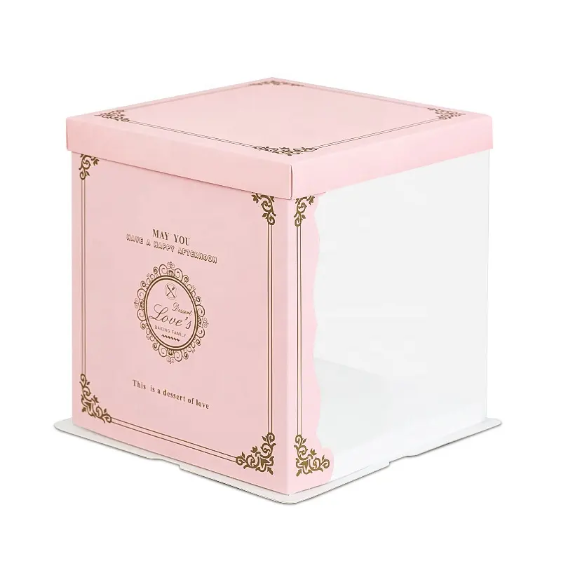Toptan özel Logo şeffaf plastik düğün parti kek kutuları kağıt kapak büyük Tall doğum günü kek kutuları