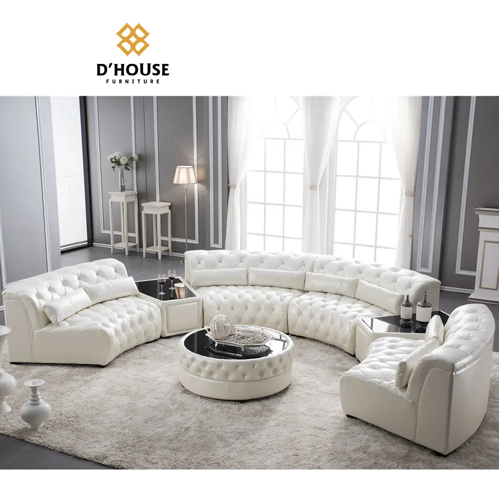 Nội Thất Châu Âu Phòng Khách Hiện Đại Da Trắng Ghế Sofa Góc Với Bàn Bên Bàn Tròn Nửa Ghế Sofa Da