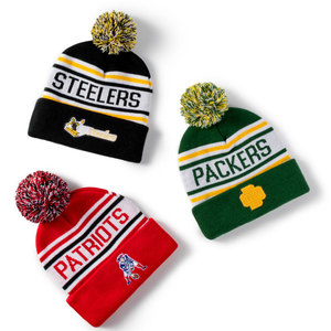 Logo personnalisé vente en gros hiver unisexe équipe sportive tricoté rayure arc-en-ciel pompon brodé Bobble Pom chapeaux bonnets Jacquard - Product Image 1