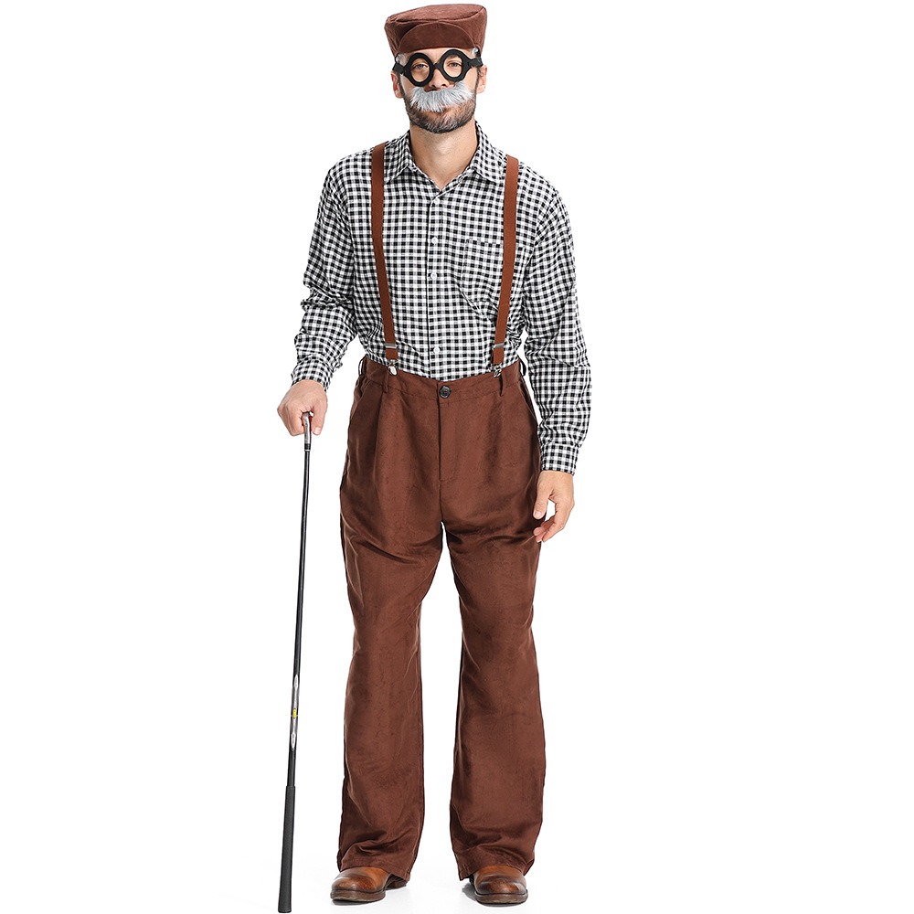 black plaids set(Hat, glasses, beard, shirt, straps, pants)