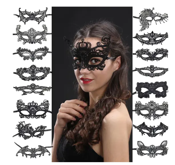 Cor preta Sexy Mulheres Lace Masquerade Máscara para o Carnaval Halloween Half Face Máscaras Cosplay Animais festivos Partido Fontes