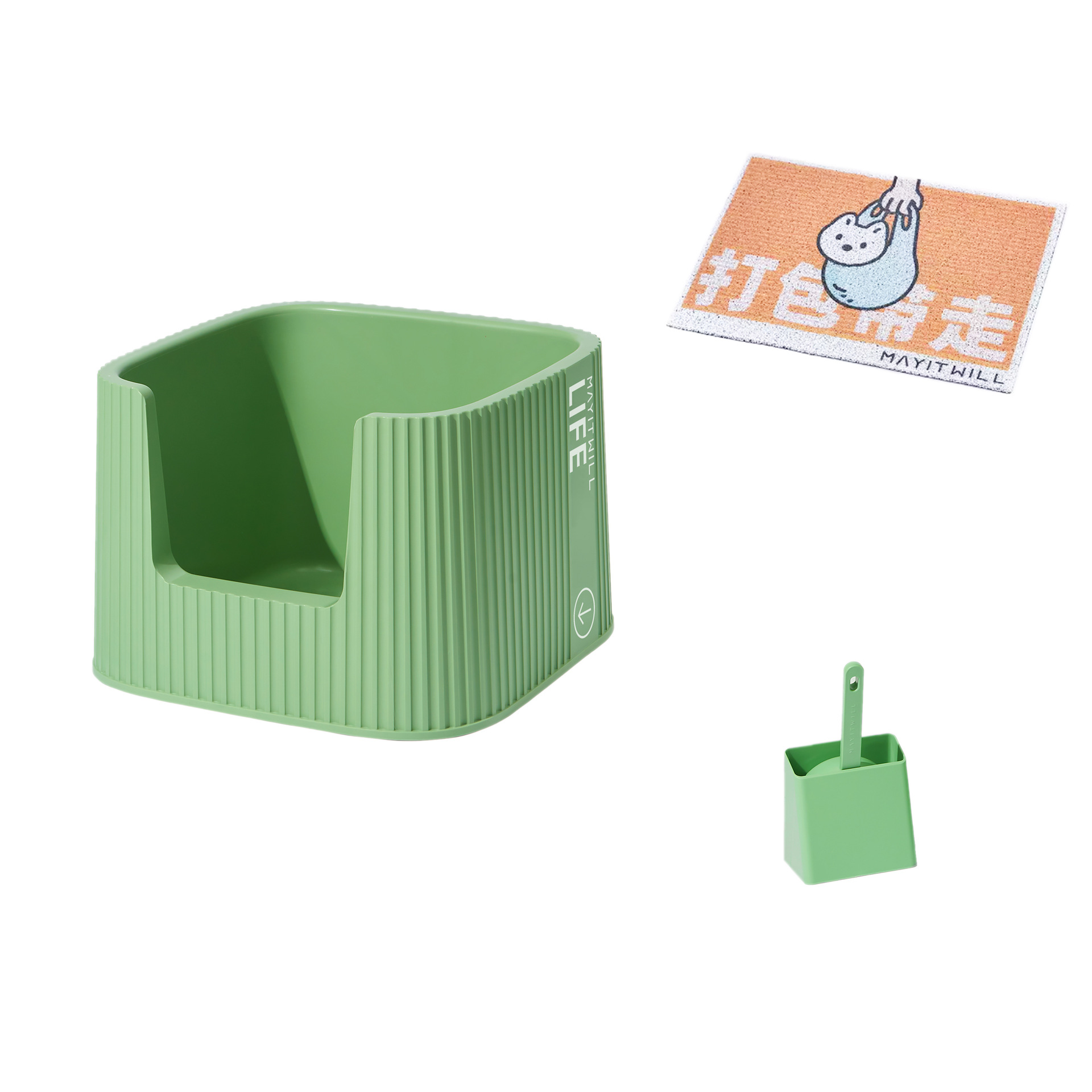 Pala recogedora de arena para gatos de bambú verde y alfombrilla de control de arena.