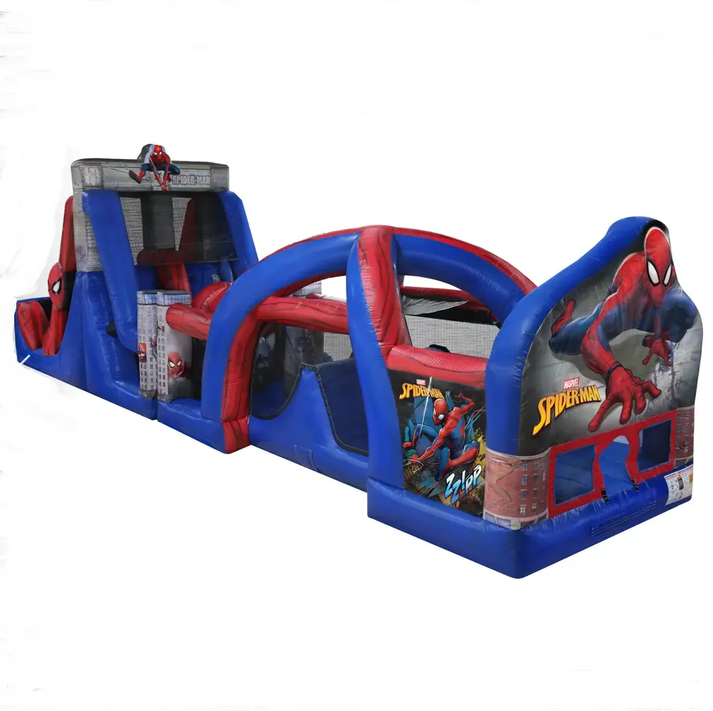 Pista de obstáculos inflable para niños y adultos, pista de obstáculos gigante de Spider Man con tobogán húmedo y seco