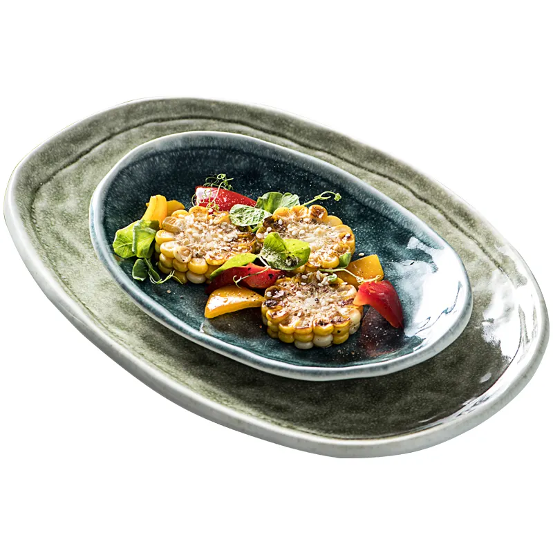 BBQ teppanyaki crockery tablewares restaurant ceramic dinner set porcelain casual oval serving plate dish set