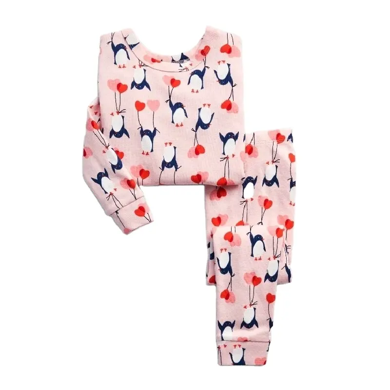 Conjunto de pijama con estampado de pingüino para niñas, ropa de dormir 100% de algodón orgánico con estampado de dibujos animados, informal