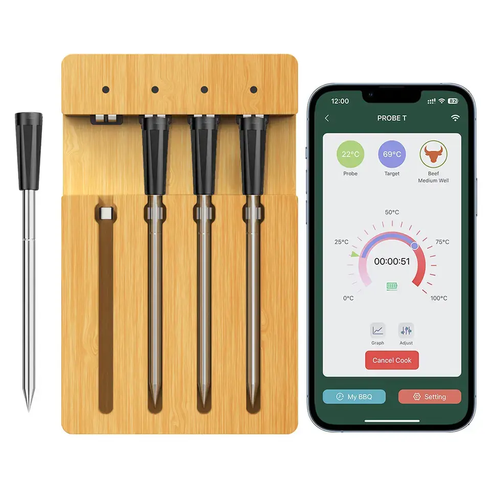 HOT updated BBQ Bluetooth Wireless 4 Probes Bamboo station Meat Thermometer For Grill BBQ Oven Cooking