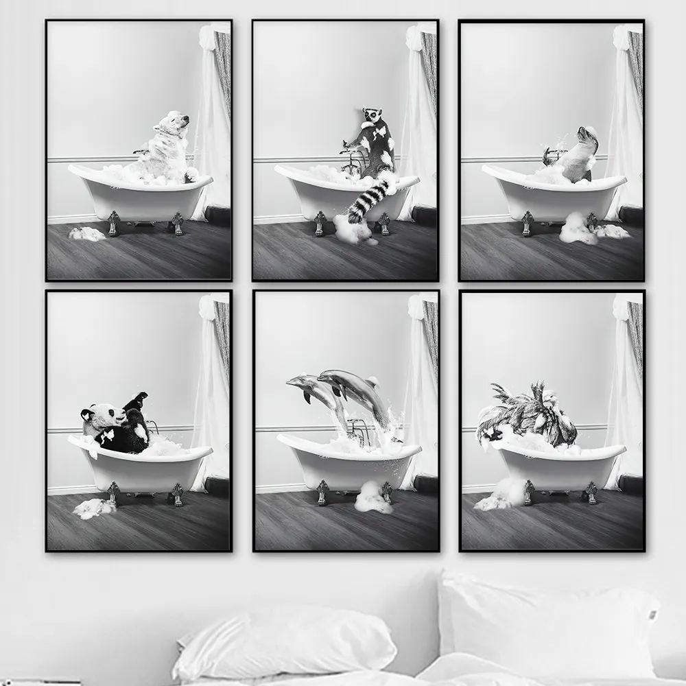 Dekorasi Toilet Kamar Mandi Bak Mandi Hewan Liar Hitam Putih Panda Paus Beruang Anjing Seni Cetak Dinding Kanvas