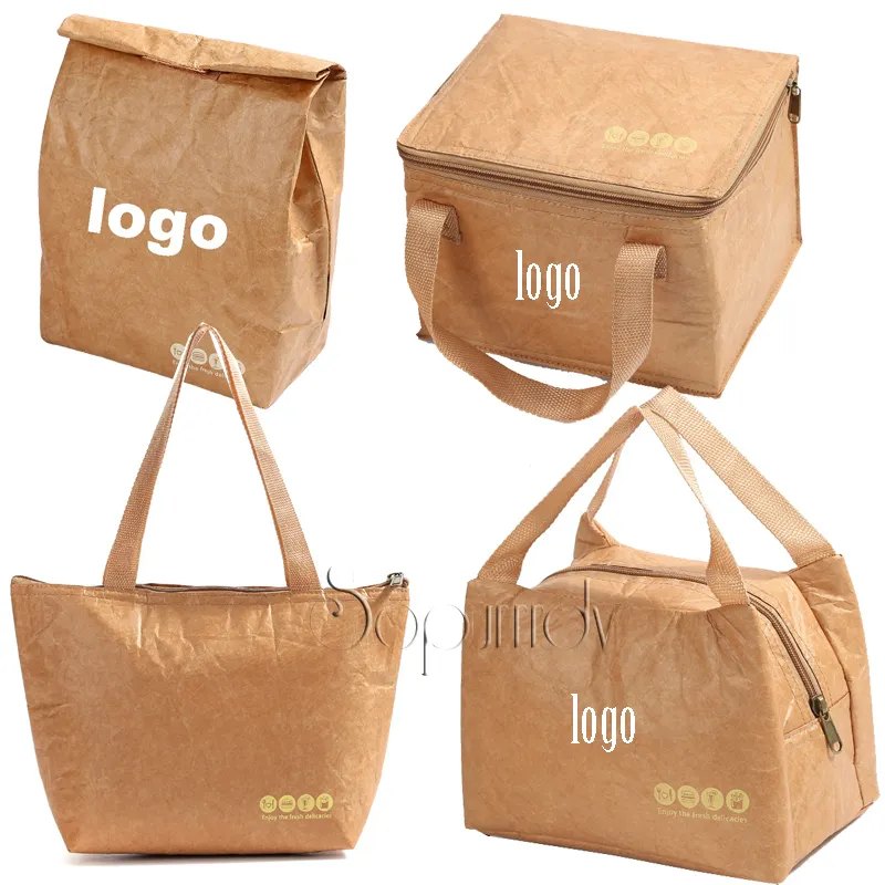 Logo personalizzato Eco riutilizzabile impermeabile grande Mini capacità termica isolata Cooler Freezable Brown Paper Tyvek Lunch Bag per le donne