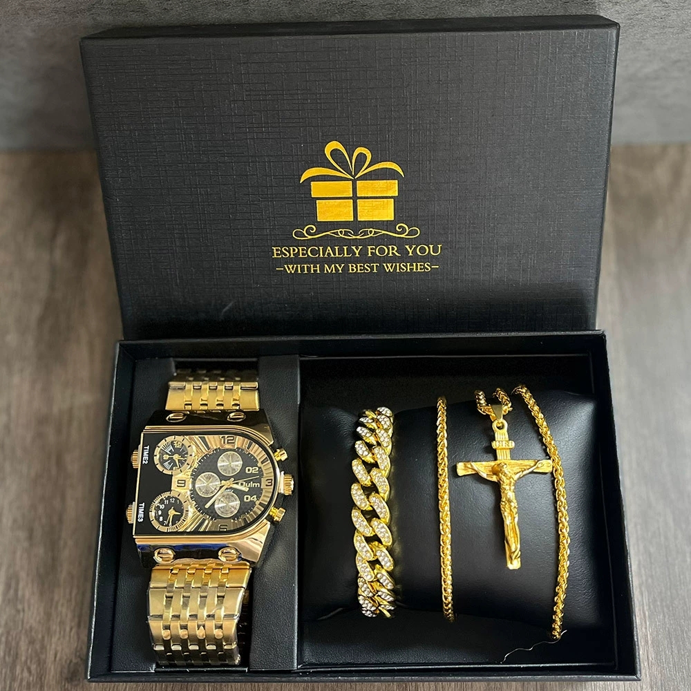 7 Oulm 9315 Black Gold Watch with Bracelet Necklace and Box