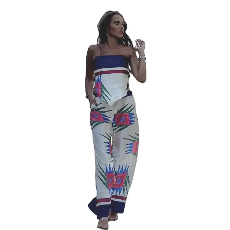 Conjunto de traje de blusa sin tirantes con diseño de estampado geométrico multicolor para mujer a la moda Beige