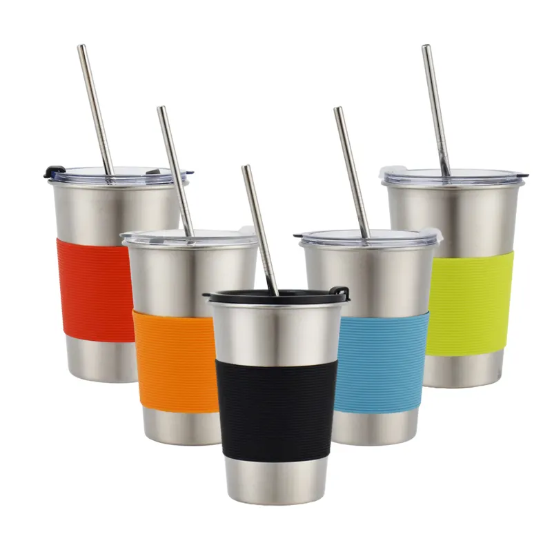 Bpa Gratis Herbruikbare Metalen Sippy Mok 12Oz Roestvrijstalen Drinkglazen Met Deksels En Mouwen Kinderen Pint Peuter Cup