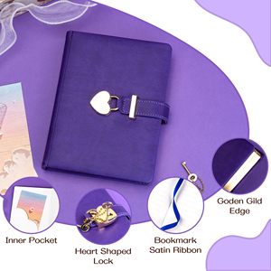 Vàng Cạnh Tím Da Máy Tính Xách Tay Với Pin Khóa Hình Trái Tim Khóa Tạp Chí Với 2 Phím 160 Đồng Bằng Trang Nhật Ký Cá Nhân Với Khóa - Product Image 2