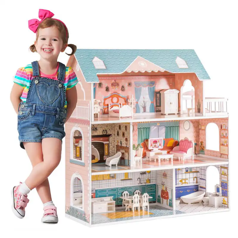 Casa de boneca de madeira, de alta qualidade, 2022 nova chegada, casa de brinquedo móveis com 28 peças, incluído para 3 + crianças