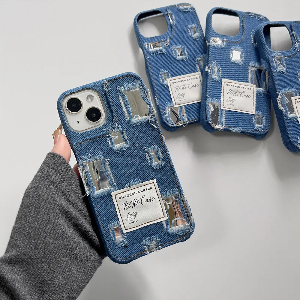 Même style que les célébrités Compatible avec la coque pour iPhone Denim Hole Fabric Silicone Camera Protection Soft Shockproof Case