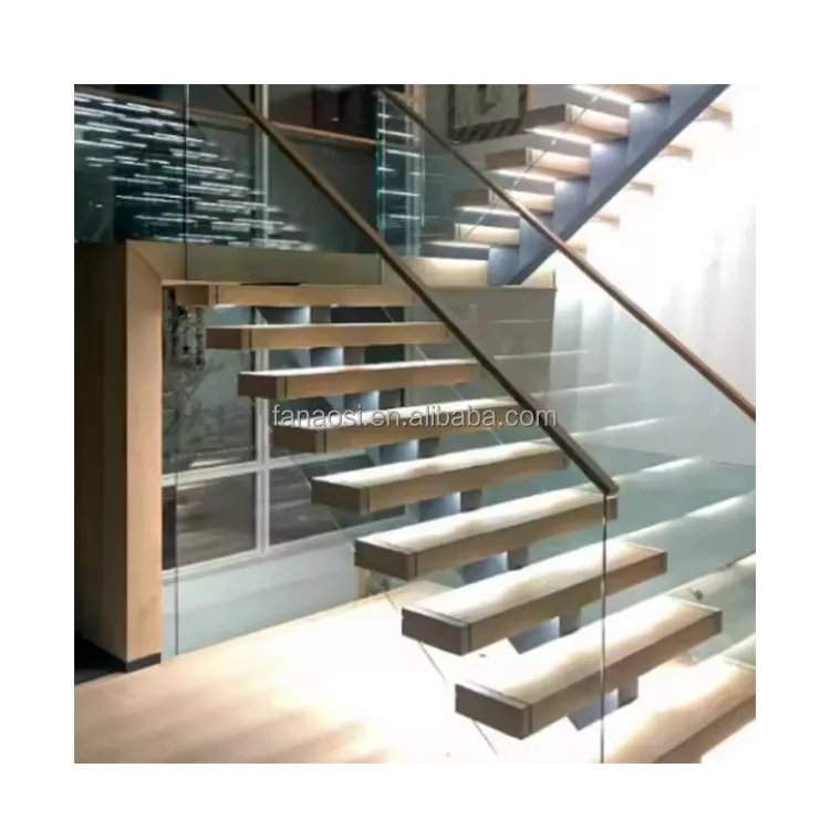 Innen Gerade Holz profil Glas geländer Moderne schwimmende Treppe/Fertighaus LED Licht Holz Treppe