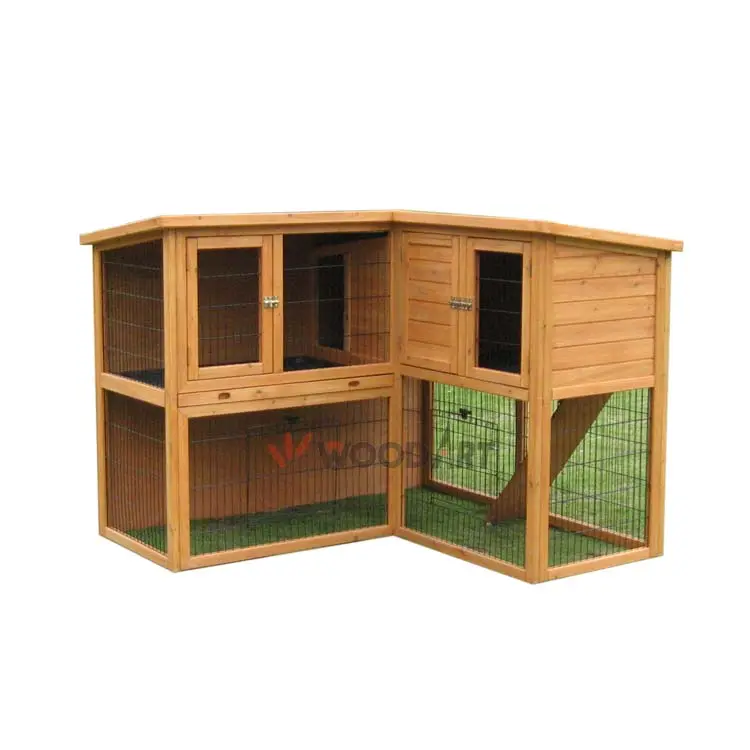 Two storey wooden rabbit cage with non-slip ramp and tray