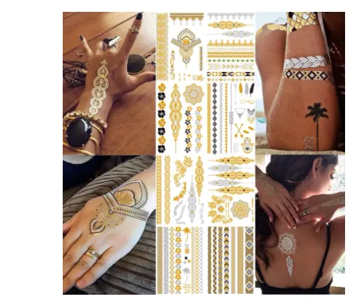 Flash Metálico Impermeável Tatuagem Ouro Prata Mulheres Moda Henna Design Tatuagem Temporária Etiqueta