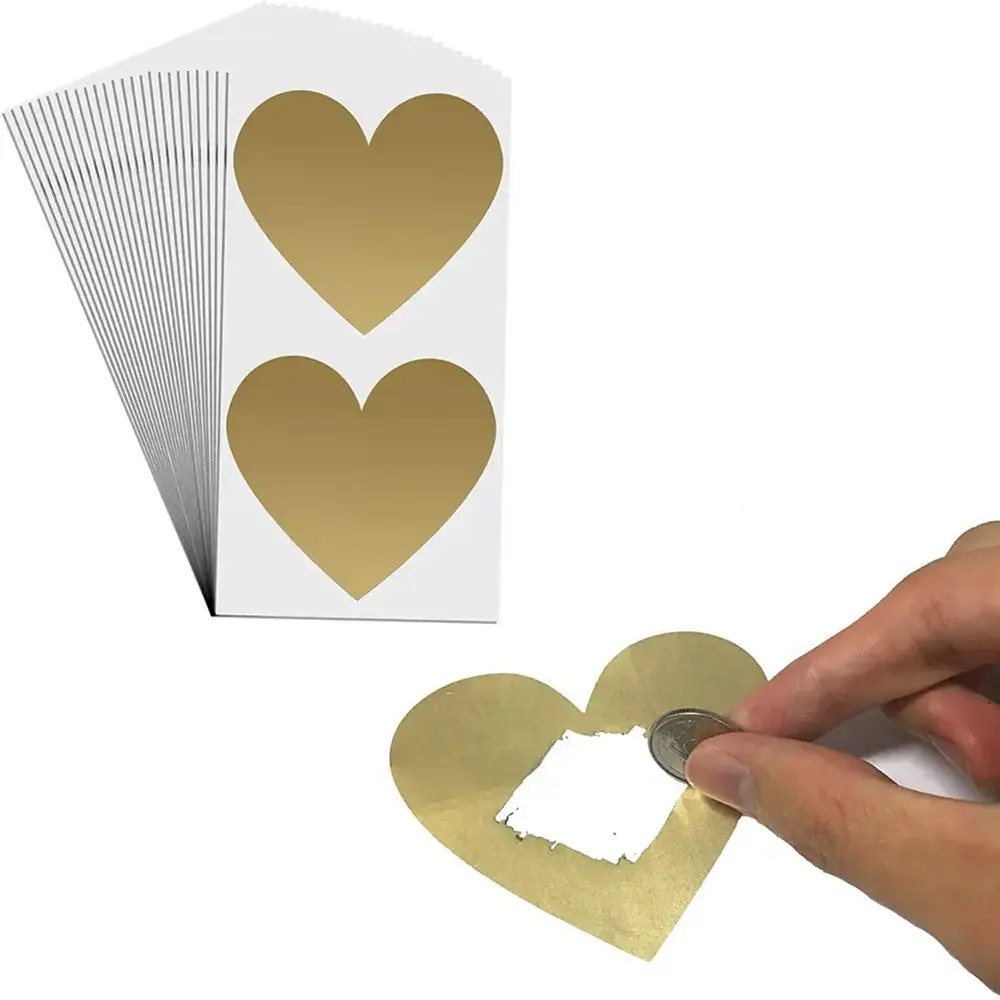 Etiquetas autoadhesivas de 3 pulgadas con forma de corazón dorado y plateado para rascar, etiquetas para tarjetas para rascar DIY PARA EL Día de San Valentín
