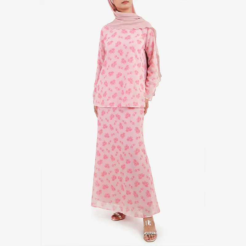 Chemisier et jupe en mousseline de soie à imprimé floral personnalisés ensemble 2 pièces malaisie femmes modernes musulmanes kebaya indonésie baju kurung 2023