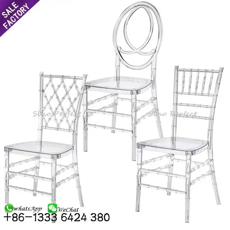 Gran oferta, Chaise de mariage apilable de resina acrílica plástica, silla Tiffany de resina de fábrica china transparente con respaldo de red