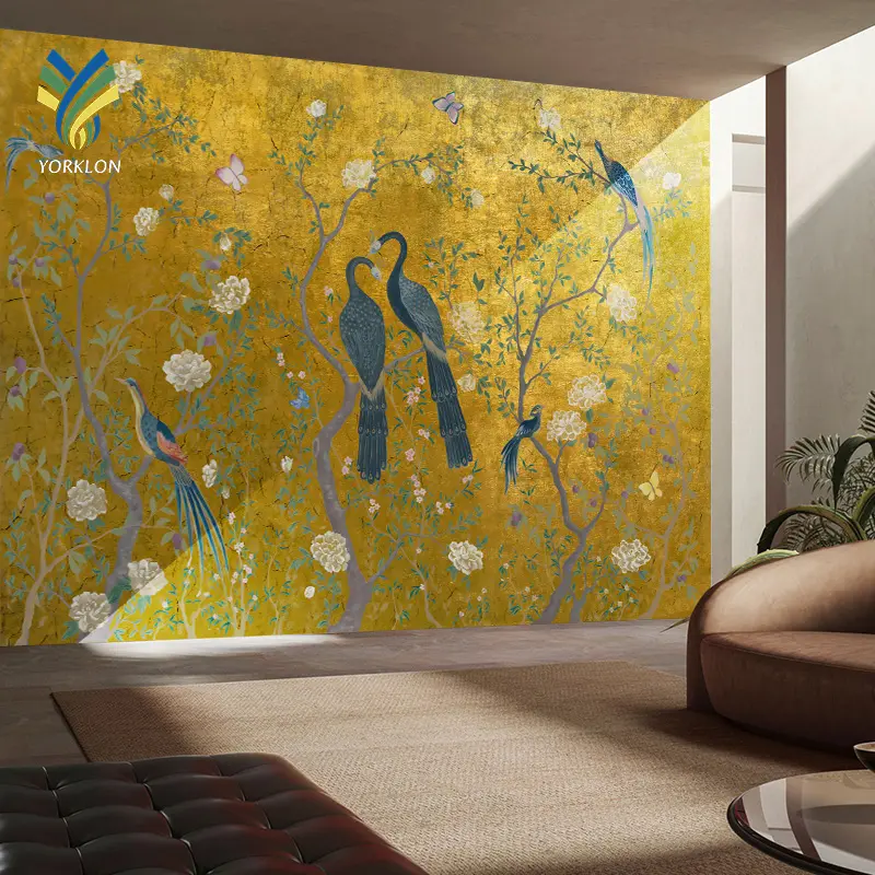 Murale di lusso personalizzato in argento oro pavone floreale dipinto a mano cineserie 3D decorazione per la casa
