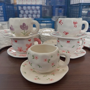 潮州工厂手绘小花绿叶陶瓷咖啡杯茶碟新奇托盘下午茶马克杯套装