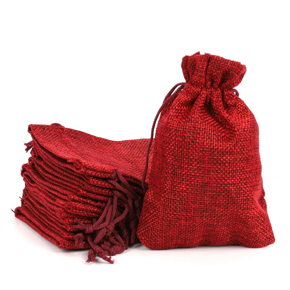 Bolsas de yute y algodón de cáñamo rojo, bonito logotipo personalizado para cumpleaños, musulmán, con cordón de diseño, para regalo de joyería