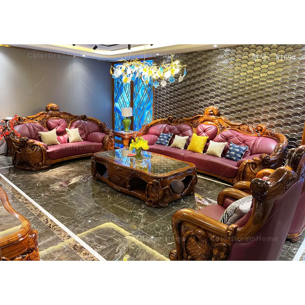 Sofá tallado de madera de ébano, mueble Seccional de cuero de lujo para sala de estar