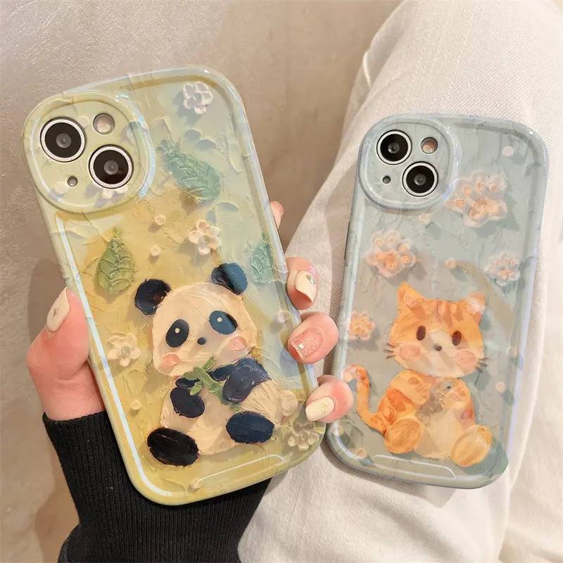 Pintura a óleo leve Kitten Panda telefone Case para iphone 11 12 13 14 Pro Max