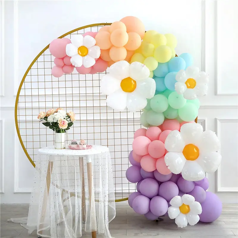 Kit de arco de globos para fiesta de cumpleaños, suministros de decoración para niños y niñas, Macaron, globos de aluminio de látex, tema de margaritas y flores, 141 Uds.