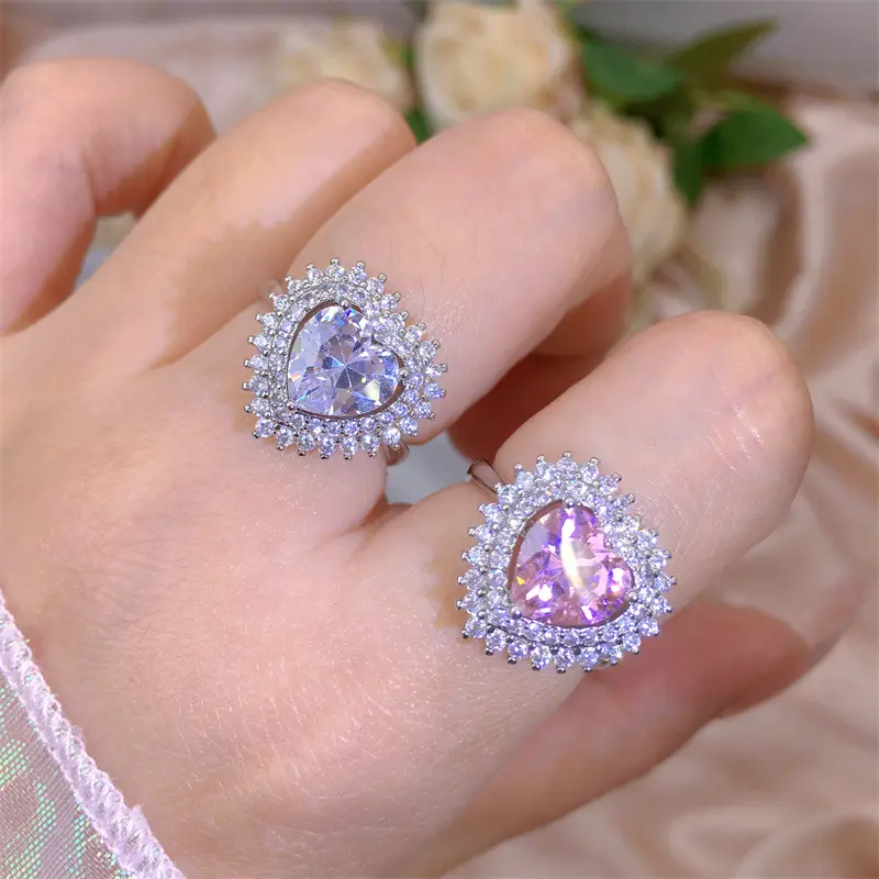 Anillo de corazón de circón Rosa grande súper brillante de lujo para mujer, anillos de circón de diamante de princesa de compromiso personalizados