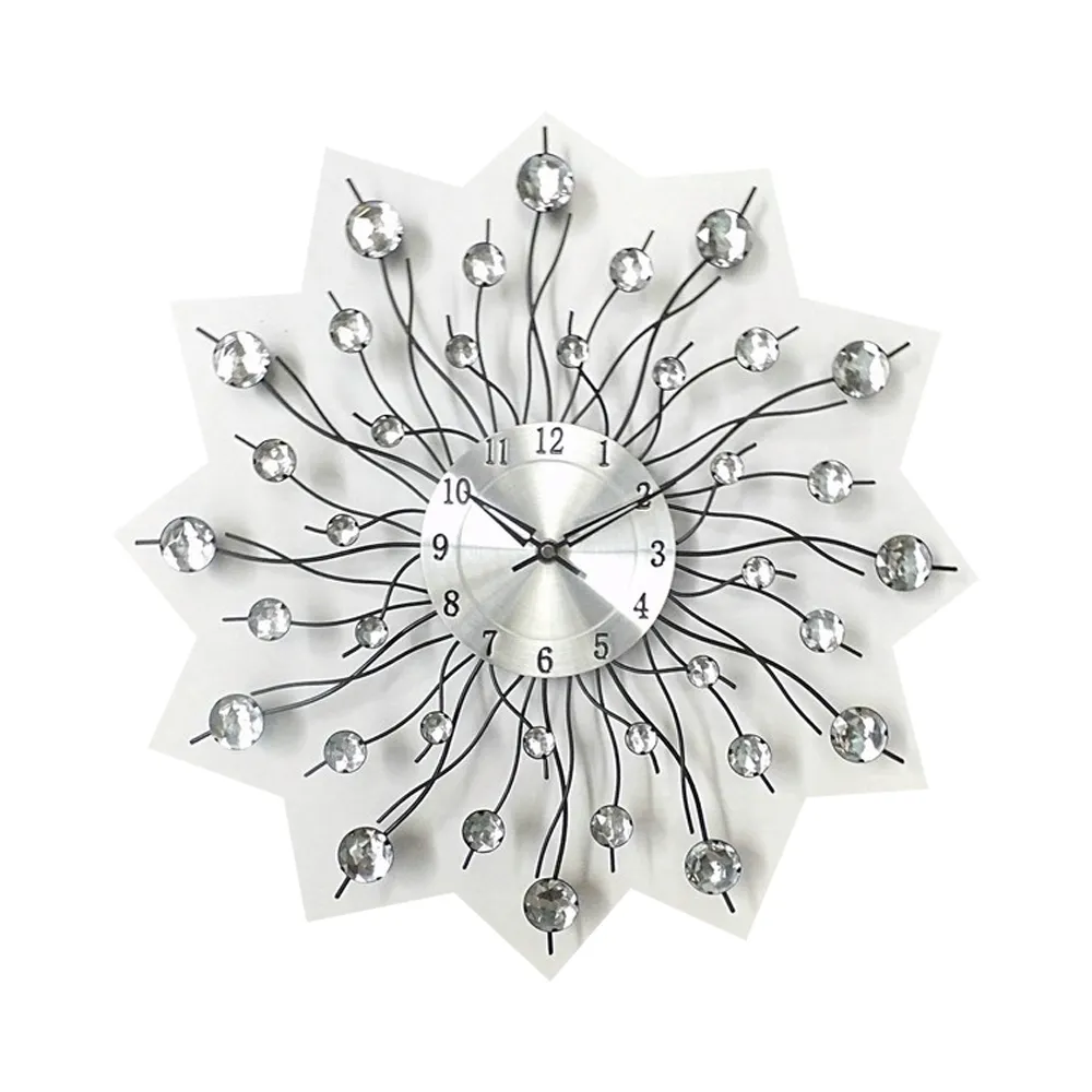 Diseño moderno sol Metal Reloj de pared decorativo con cuentas claras cristales de diamante