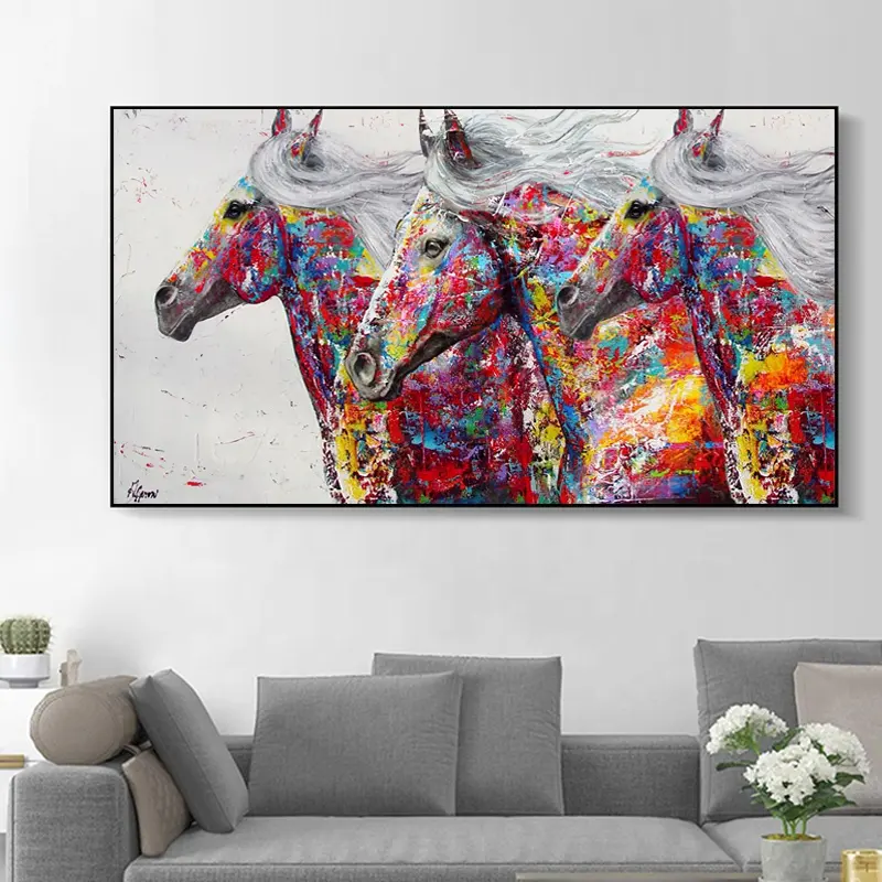 لوحة قماش من ثلاث خيول للجري على الحائط ملصقات ومطبوعات حيوانات تجريدية صور ديكور